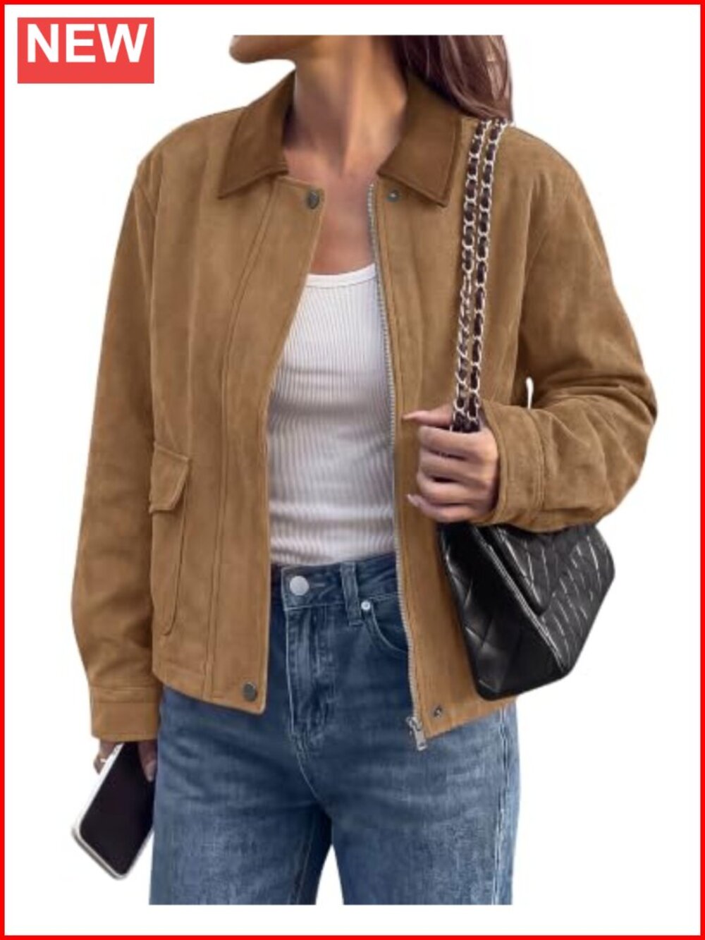 Faux Suede Zip Up Jacket Women Moto Lapel Long Sleeve Fall Winter